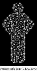 Bright mesh akimbo pose with glare effect. Shiny wire carcass polygonal mesh in vector format on a black background. Abstract 2d mesh designed with polygonal grid, small circle, glossy flare spots.