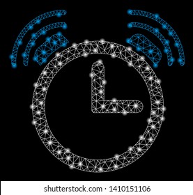 Bright mesh alarm clock with glare effect. Shiny wire frame triangular mesh in vector format on a black background. Abstract 2d mesh created from triangular lines, points, glossy glare spots.
