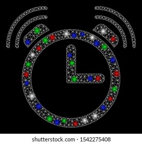 Bright mesh alarm clock with glare effect. White wire frame polygonal mesh in vector format on a black background. Abstract 2d mesh created from polygonal grid, dots, colored light spots.