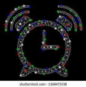 Bright mesh alarm clock ring with glare effect. White wire carcass polygonal mesh in vector format on a black background. Abstract 2d mesh designed with triangular lines, small circle,