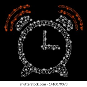Bright mesh alarm clock ring with glow effect. Shiny wire carcass polygonal network in vector format on a black background. Abstract 2d mesh designed with polygonal grid, round dots,