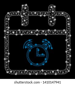 Bright mesh alarm day with glare effect. Shiny wire carcass triangular mesh in vector format on a black background. Abstract 2d mesh designed with triangles, points, glossy glare spots.