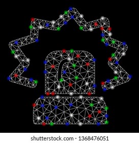 Bright mesh alarm with glare effect. White wire frame triangular network in vector format on a black background. Abstract 2d mesh designed with triangular lines, points, colored glare spots.