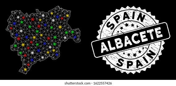 Bright mesh Albacete Province map with glare effect, and stamp. Wire carcass polygonal Albacete Province map network in vector format on a black background.