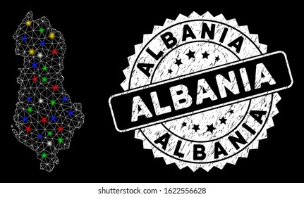 Bright mesh Albania map with glow effect, and stamp. Wire carcass triangular Albania map network in vector format on a black background. White round stamp with distress textures.