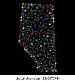 Bright mesh Alberta Province map with glow effect. Wire carcass polygonal mesh in vector format on a black background. Abstract 2d mesh designed with polygonal grid, dots, colored light spots.