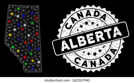 Bright mesh Alberta Province map with glare effect, and seal stamp. Wire carcass polygonal Alberta Province map network in vector format on a black background.