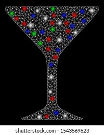 Bright mesh alcohol glass with glare effect. White wire carcass triangular mesh in vector format on a black background. Abstract 2d mesh built from triangular lines, round dots, colored glare spots.