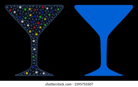 Bright mesh alcohol glass icon with glow effect. Abstract illuminated model of alcohol glass. Shiny wire frame polygonal mesh alcohol glass icon. Vector abstraction on a black background.