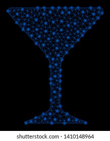 Bright mesh alcohol glass with lightspot effect. Shiny wire carcass triangular mesh in vector format on a black background. Abstract 2d mesh designed with triangular lines, spheric points,