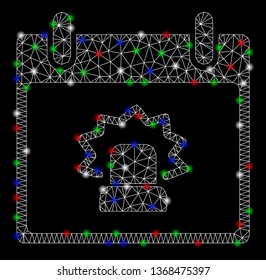 Bright mesh alert calendar day with lightspot effect. White wire carcass triangular mesh in vector format on a black background. Abstract 2d mesh designed with triangles, small circle,