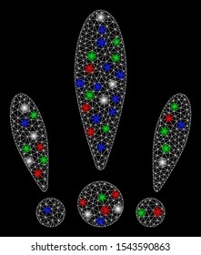 Bright mesh alert with glare effect. White wire frame polygonal mesh in vector format on a black background. Abstract 2d mesh designed with polygonal grid, spheric points, colored glare spots.