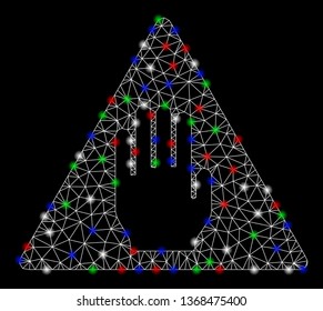 Bright mesh alert with lightspot effect. White wire carcass polygonal mesh in vector format on a black background. Abstract 2d mesh designed with triangular lines, spheric points,