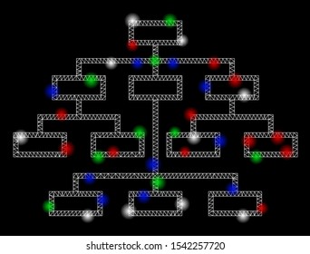 Bright mesh algorithm tree with glow effect. White wire frame triangular mesh in vector format on a black background. Abstract 2d mesh designed with triangles, points, colorful flare spots.