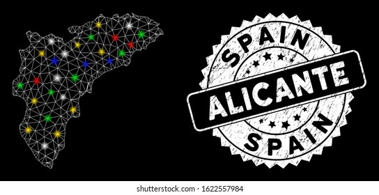 Bright mesh Alicante Province map with lightspot effect, and watermark. Wire carcass polygonal Alicante Province map mesh in vector format on a black background.