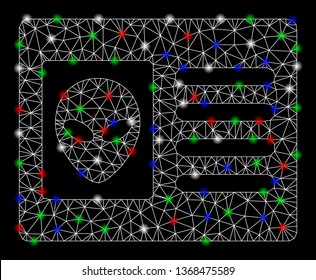 Bright mesh alien account card with glow effect. White wire frame triangular network in vector format on a black background. Abstract 2d mesh designed with triangular lines, round dots,