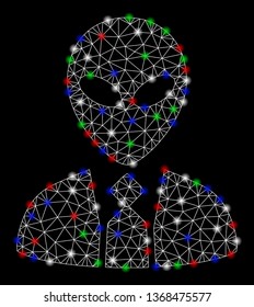 Bright mesh alien boss with glare effect. White wire frame polygonal mesh in vector format on a black background. Abstract 2d mesh designed with polygonal grid, round dots, colored light spots.