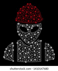 Bright mesh alien builder with glare effect. Shiny wire frame triangular network in vector format on a black background. Abstract 2d mesh designed with polygonal grid, points, glowing glare spots.