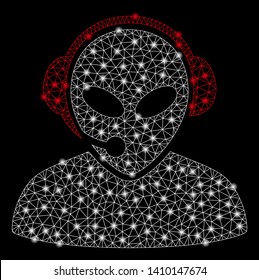 Bright mesh alien call center with glow effect. Shiny wire frame polygonal mesh in vector format on a black background. Abstract 2d mesh built from polygonal grid, points, glowing flash spots.
