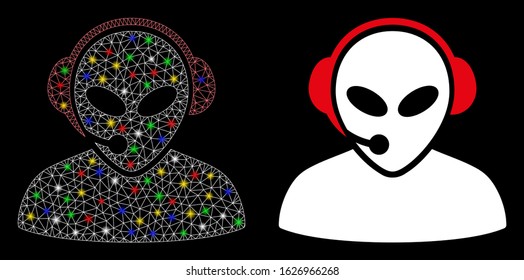 Bright mesh alien call center icon with sparkle effect. Abstract illuminated model of alien call center. Shiny wire frame triangular mesh alien call center icon.
