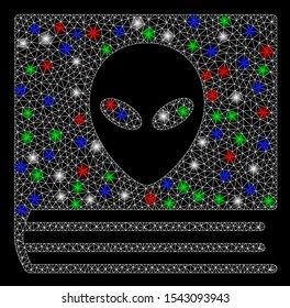Bright mesh alien catalog with glare effect. White wire frame polygonal mesh in vector format on a black background. Abstract 2d mesh designed with polygonal grid, spheric points,