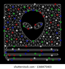 Bright mesh alien catalog with lightspot effect. White wire frame triangular mesh in vector format on a black background. Abstract 2d mesh built from triangular lines, small circle,