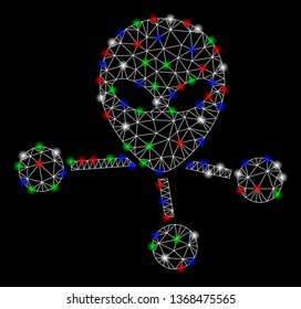 Bright mesh alien connections with glow effect. White wire frame polygonal mesh in vector format on a black background. Abstract 2d mesh designed with polygonal grid, round dots, colorful glare spots.