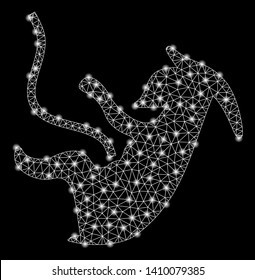 Bright mesh alien embryo with lightspot effect. Shiny wire frame polygonal network in vector format on a black background. Abstract 2d mesh designed with polygonal grid, spheric points,