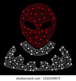 Bright mesh alien engineer with glare effect. Shiny wire frame polygonal mesh in vector format on a black background. Abstract 2d mesh designed with triangular lines, round dots, glossy glare spots.