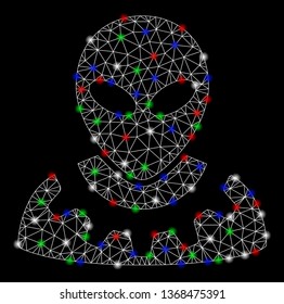 Bright mesh alien engineer with lightspot effect. White wire carcass polygonal network in vector format on a black background. Abstract 2d mesh designed with triangular lines, spheric points,