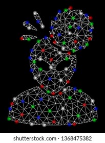 Bright mesh alien exploration with lightspot effect. White wire frame triangular mesh in vector format on a black background. Abstract 2d mesh designed with triangles, spheric points,