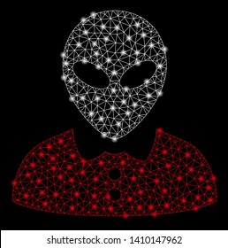 Bright mesh alien female with glow effect. Shiny wire carcass triangular mesh in vector format on a black background. Abstract 2d mesh designed with triangular lines, round dots, glowing light spots.