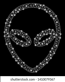 Bright mesh Alien with glare effect. Shiny wire carcass triangular mesh in vector format on a black background. Abstract 2d mesh designed with triangular lines, round dots, glowing flash spots.