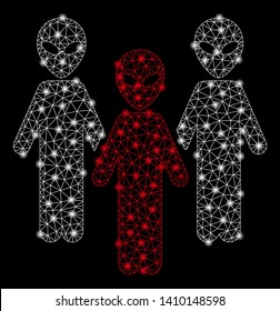 Bright mesh alien group with glare effect. Shiny wire carcass triangular mesh in vector format on a black background. Abstract 2d mesh built from triangular lines, round dots, glossy glare spots.