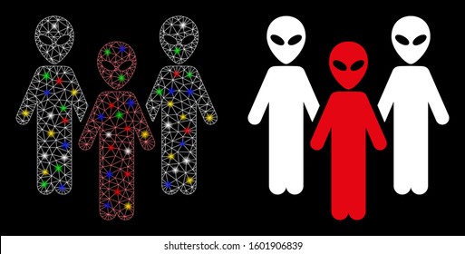 Bright mesh alien group icon with glow effect. Abstract illuminated model of alien group. Shiny wire frame triangular mesh alien group icon. Vector abstraction on a black background.
