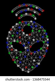 Bright mesh alien head with glare effect. White wire frame triangular mesh in vector format on a black background. Abstract 2d mesh designed with triangular lines, small circle, colorful glare spots.