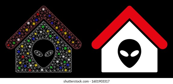 Bright mesh alien home icon with sparkle effect. Abstract illuminated model of alien home. Shiny wire frame triangular mesh alien home icon. Vector abstraction on a black background.