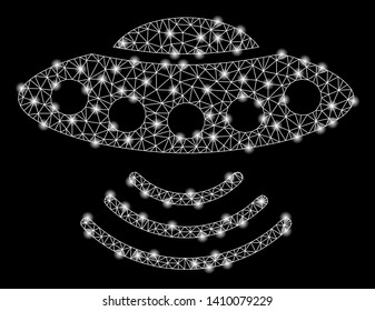 Bright mesh alien invasion with glow effect. Shiny wire carcass triangular mesh in vector format on a black background. Abstract 2d mesh designed with triangles, dots, glowing glare spots.