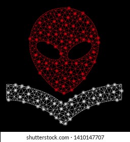 Bright mesh alien knowledge book with glare effect. Shiny wire frame polygonal mesh in vector format on a black background. Abstract 2d mesh designed with polygonal grid, points, glowing flash spots.