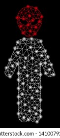Bright mesh alien with lightspot effect. Shiny wire frame triangular mesh in vector format on a black background. Abstract 2d mesh designed with triangular lines, small circle, glowing flash spots.