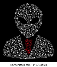Bright mesh alien manager with glare effect. Shiny wire carcass triangular mesh in vector format on a black background. Abstract 2d mesh built from polygonal grid, spheric points, glossy glare spots.