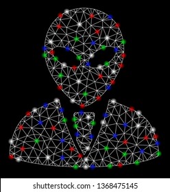 Bright mesh alien manager with lightspot effect. White wire carcass polygonal mesh in vector format on a black background. Abstract 2d mesh built from polygonal grid, small circle,