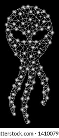Bright mesh alien microbe with glare effect. Shiny wire frame polygonal mesh in vector format on a black background. Abstract 2d mesh created from polygonal grid, round dots, glowing flare spots.