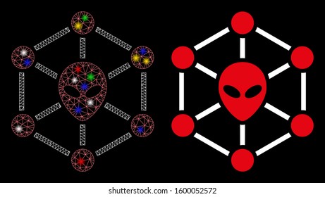 Bright mesh alien network icon with glitter effect. Abstract illuminated model of alien network. Shiny wire carcass triangular mesh alien network icon. Vector abstraction on a black background.