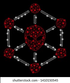 Bright mesh alien network with lightspot effect. Shiny wire carcass polygonal network in vector format on a black background. Abstract 2d mesh designed with polygonal grid, dots, glossy light spots.
