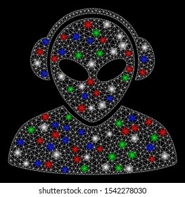 Bright mesh alien operator with glare effect. White wire frame polygonal mesh in vector format on a black background. Abstract 2d mesh created from polygonal grid, round dots, colored glare spots.