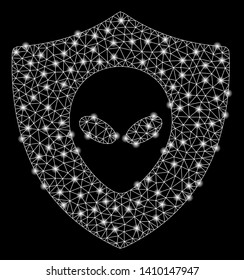 Bright mesh alien protection with lightspot effect. Shiny wire frame triangular network in vector format on a black background. Abstract 2d mesh designed with triangular lines, dots,