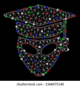 Bright mesh alien scientist with glare effect. White wire carcass triangular mesh in vector format on a black background. Abstract 2d mesh designed with triangular lines, small circle,