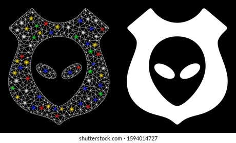 Bright mesh alien shield icon with glare effect. Abstract illuminated model of alien shield. Shiny wire carcass polygonal network alien shield icon. Vector abstraction on a black background.