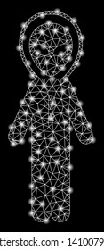 Bright mesh alien space armor with lightspot effect. Shiny wire carcass triangular mesh in vector format on a black background. Abstract 2d mesh designed with triangular lines, round dots,